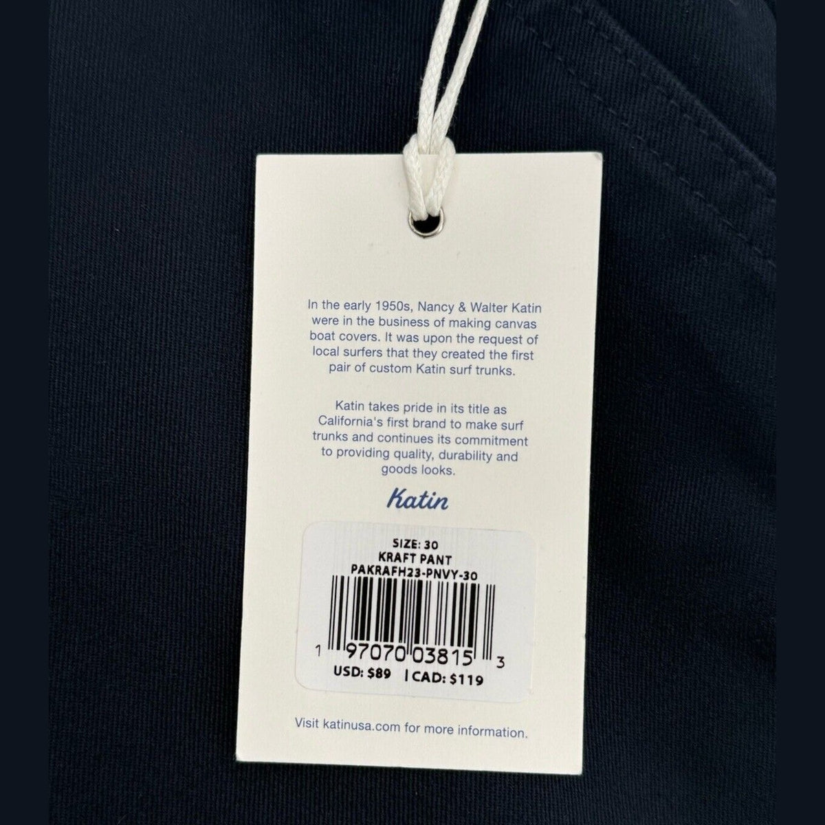 $89 Katin Men’s Kraft Pants Chino Size Cotton Spandex Stretch Pants-Navy-30W 31L