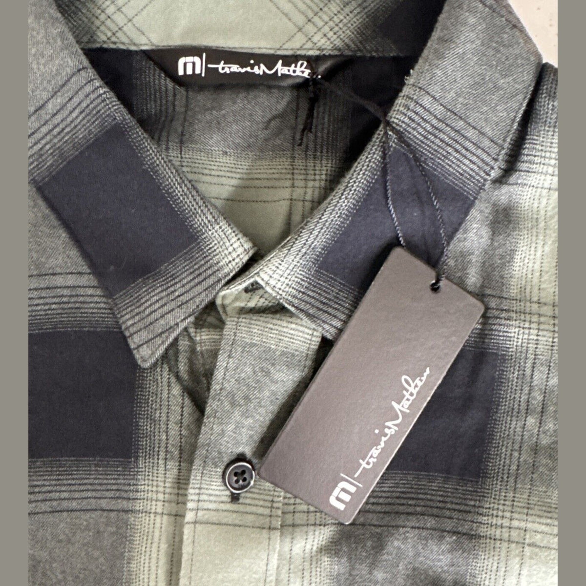 $139 Travis Mathew Men’s Cloud Plaid Flannel Button-Up Shirt-Black/Laurel-Medium