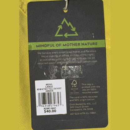 Alpine Design Men’s Active Outlook 5” Pull On Short- Green Mango- Large- NWT