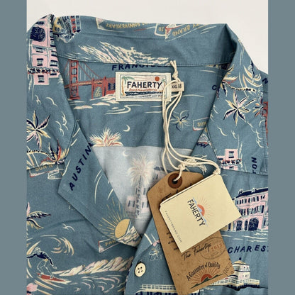 $158 Faherty Men’s Kona Short Sleeve Camp Shirt Tour Print -Blue-XLarge -New Tag