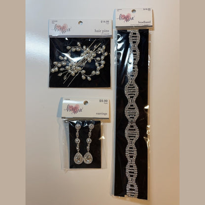 Combo Lot 3 PCs Studio His & Hers WEDDING: EARRING SET - HAIR COMB - Head Band