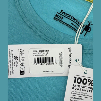 $75 Smartwool Men’s Active Ultralight Long Sleeve Shirt-Iceberg Blue-Medium-New