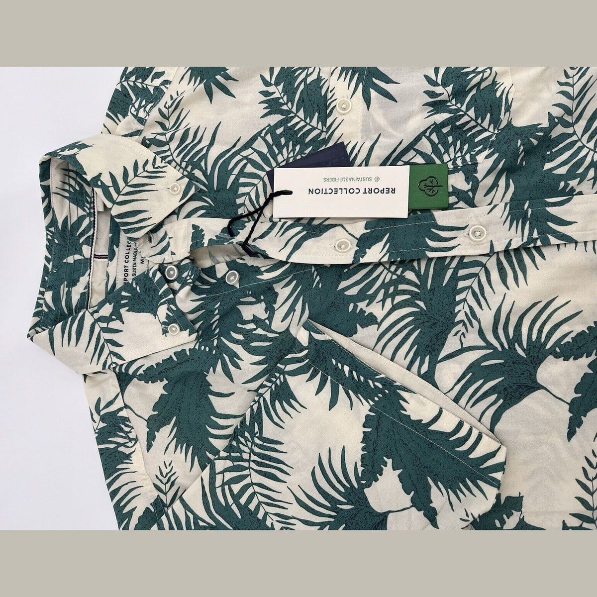 $59 Report Collection Men’s Tropical Print Short Sleeve Button Down-Cream-Medium