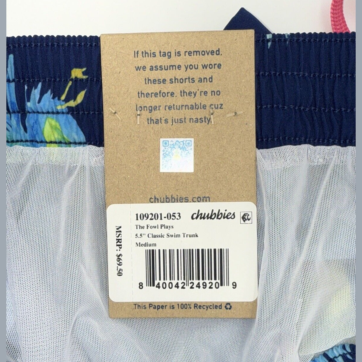 $70 Chubbies The Fowl Plays 5.5" Inseam Swim Trunks- Blue -Medium-New Tag