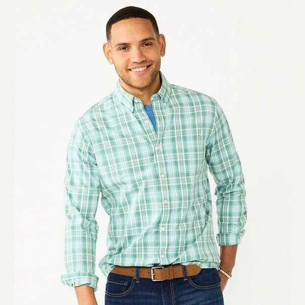 Sonoma Men’s Perfect-Length Button-Down Shirt - Green Blue Plaid- Small-NWT