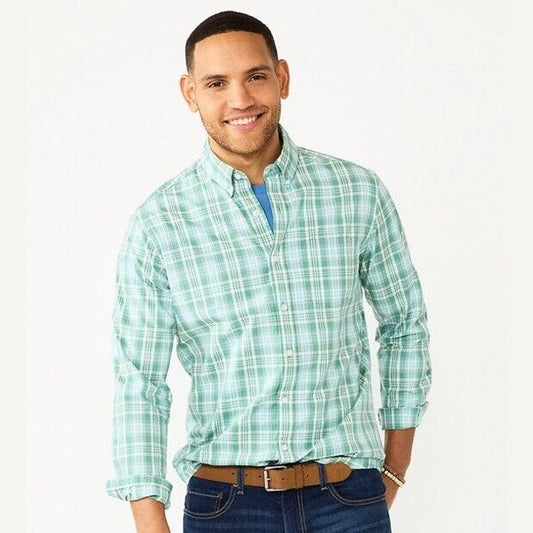 Sonoma Men’s Perfect-Length Button-Down Shirt - Green Blue Plaid- Small-NWT