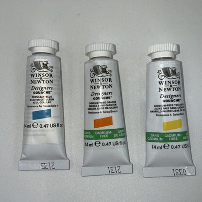 Combo Lot Of 3 Tubes Winsor & Newton Designers' Gouache, Blue, Orange, Yellow