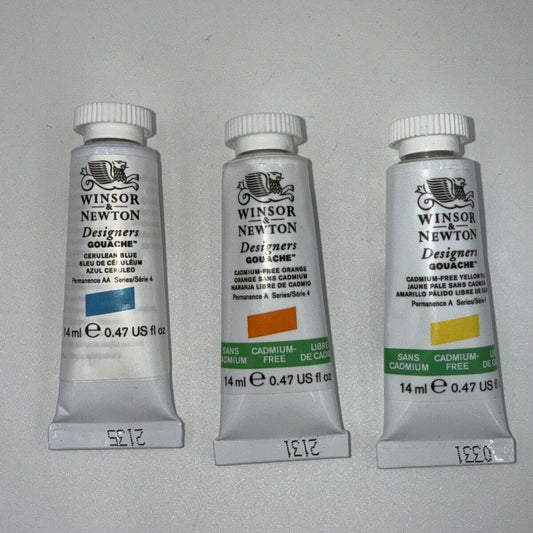 Combo Lot Of 3 Tubes Winsor & Newton Designers' Gouache, Blue, Orange, Yellow