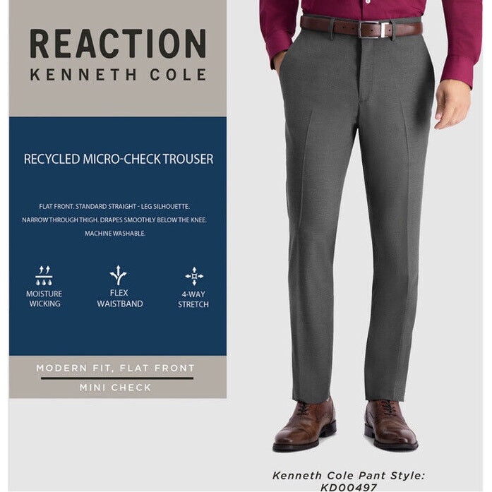 Kenneth Cole Reaction Pants Modern Fit Micro Check- Medium Gray- 30W X 32L- New