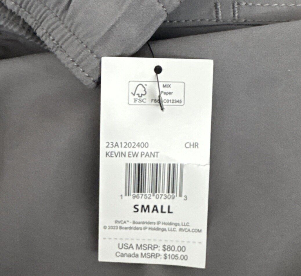 $80 RVCA Men’s Kevin EW Pants Jogger- Elastic Waist Stretch- Grey- Small -NEW