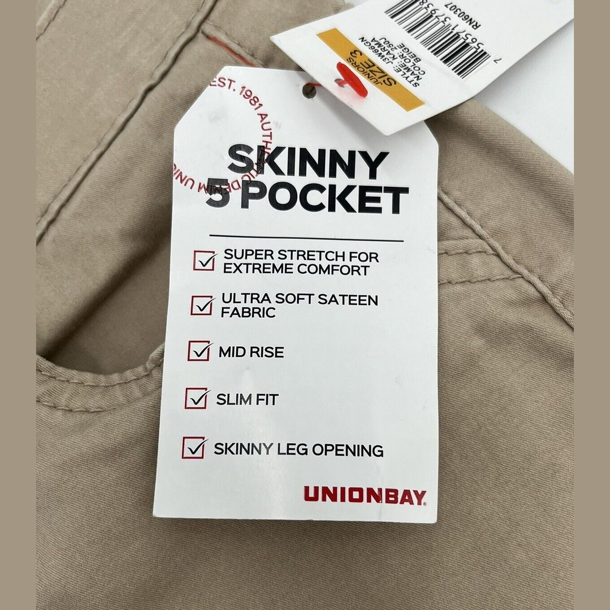 UNIONBAY Juniors' Karma Stretchy High Waisted Skinny Pants-Beige-Size: 3/27W-New