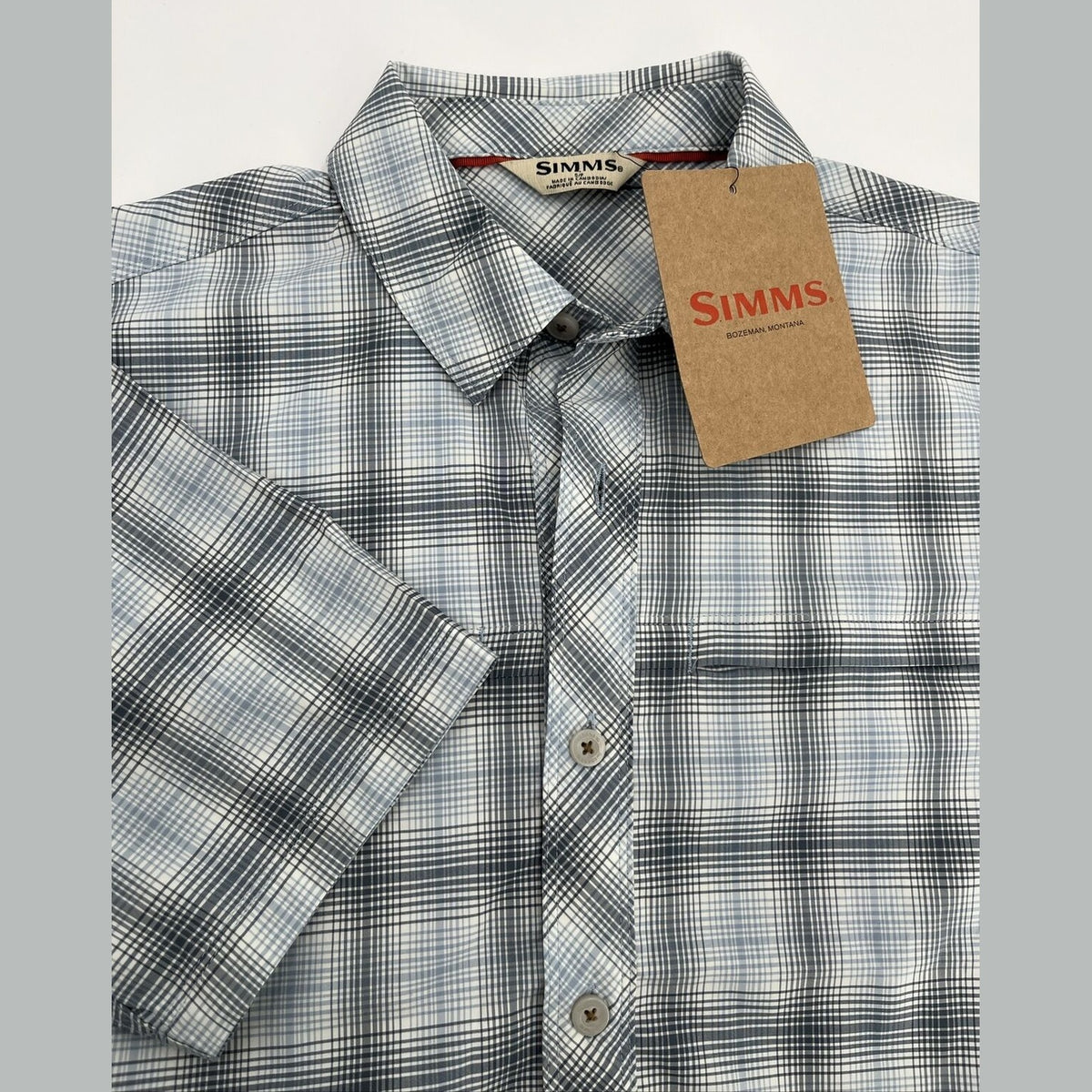$94 Simms Men’s Stone Cold Short Sleeve Shirt - Steel Blue Plaid-Small- New Tag