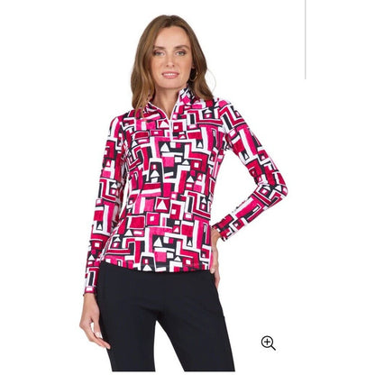 $100 Ibkul Women’s Long Sleeve Zip Mock Neck Top-Jennifer Red -Small -New