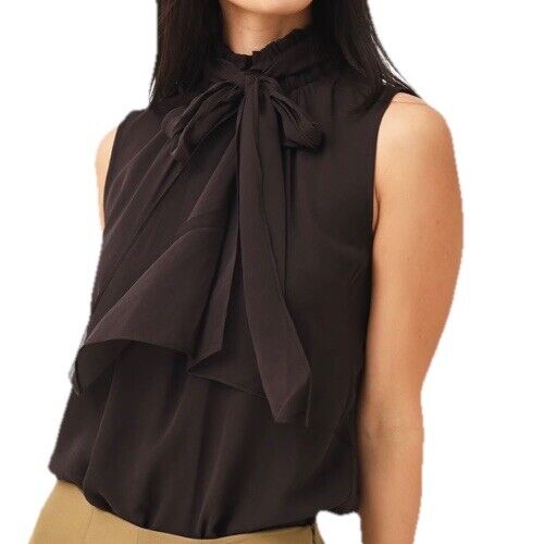 $378 Frame Women's Silk Sleeveless Bow Blouse Top Shirt- Black- Medium