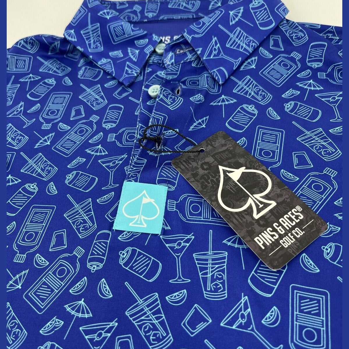 $70 Pins & Aces Men’s Happy Hour Performance Stretch Polo-Blue Bonnet-Medium-New