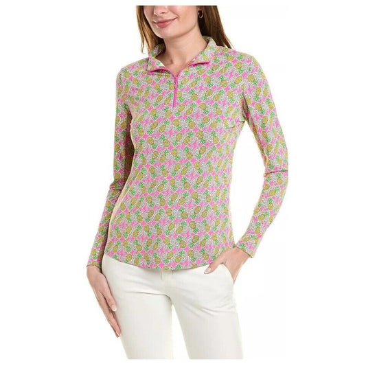 $100 Ibkul Women’s Long Sleeve Zip Mock Neck Top-Chantal Pink/Lime-Large-New