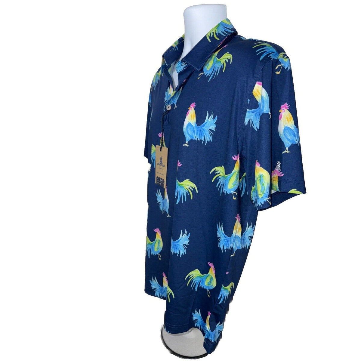 $60 Chubbies Men's The Fowl Play Performance Polo Shirt-Blue Cock-Medium-New Tag