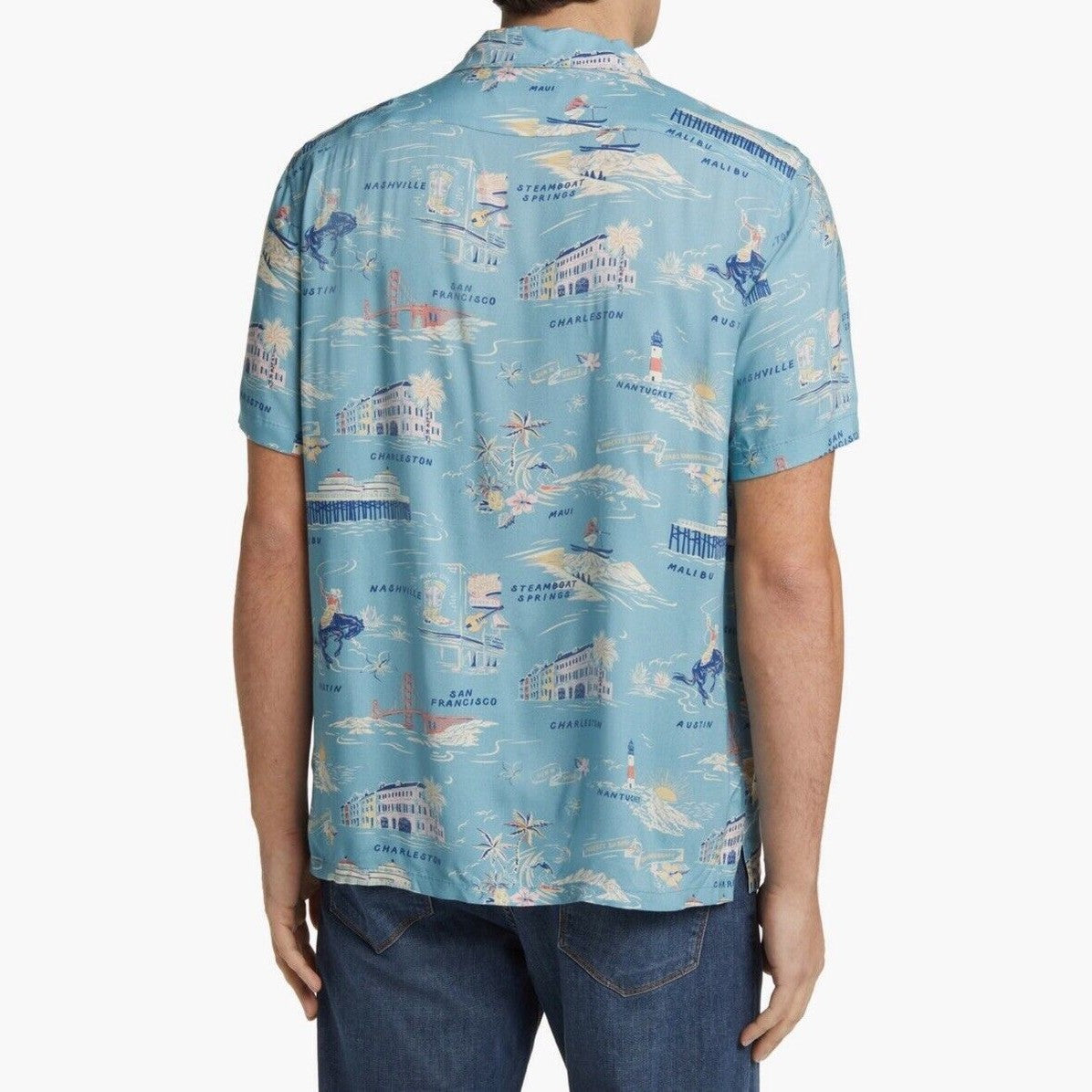 $158 Faherty Men’s Kona Short Sleeve Camp Shirt Tour Print Button-Blue-Medium