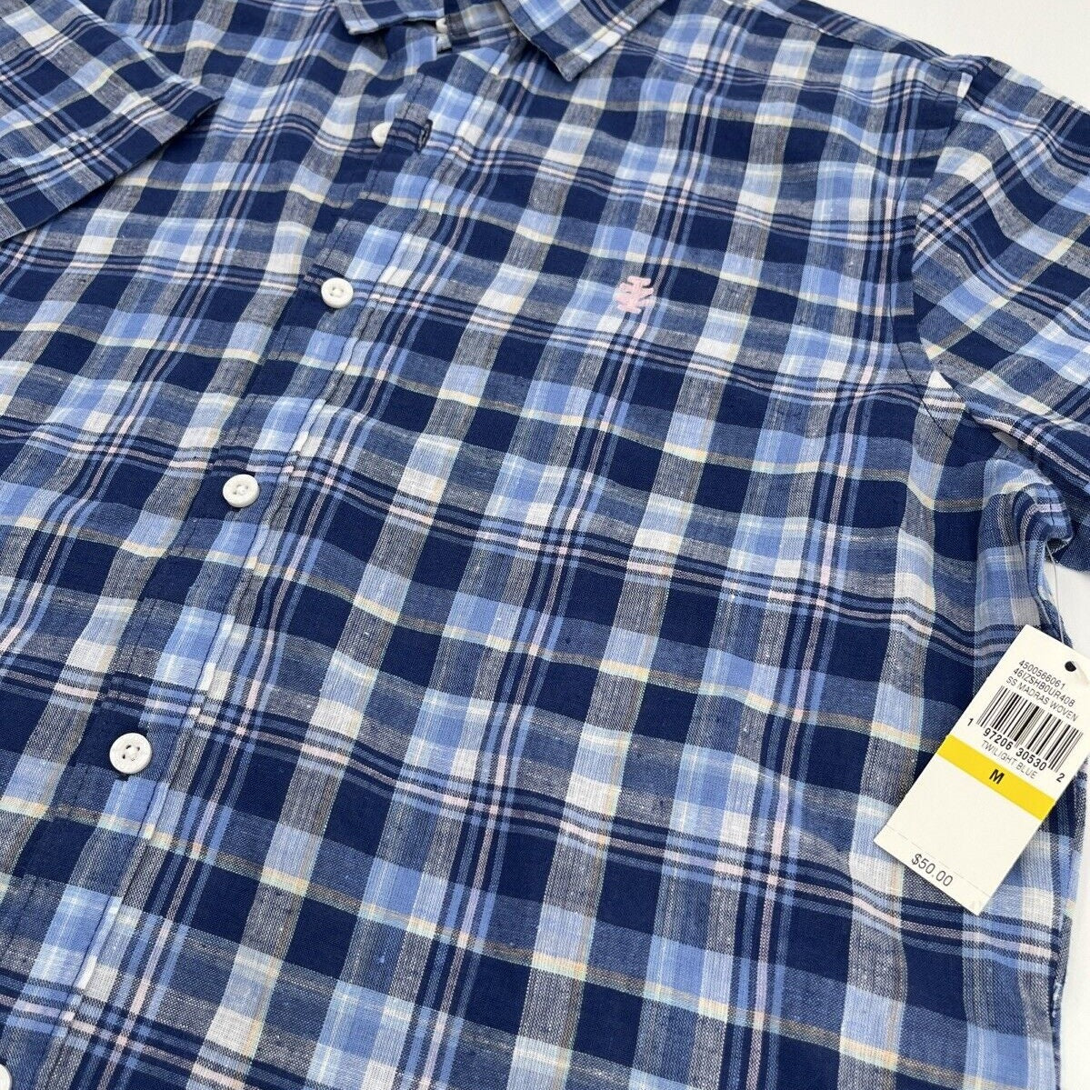 $50 Izod Men’s Linen Blend Madras SS Button Up Shirt-Twilight Blue Plaid-Medium