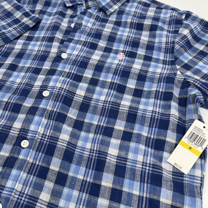 $50 Izod Men’s Linen Blend Madras SS Button Up Shirt-Twilight Blue Plaid-Medium