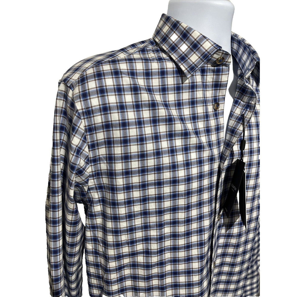 Bugatchi Uomo Men’s Plaid Dress Shirt Long Sleeve -Blue White-Medium- New $149