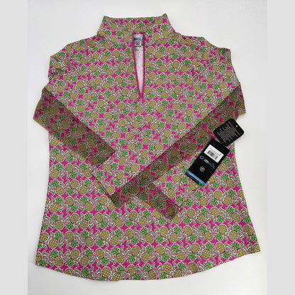 $100 Ibkul Women’s Long Sleeve Zip Mock Neck Top-Chantal Pink/Lime-XLarge-New