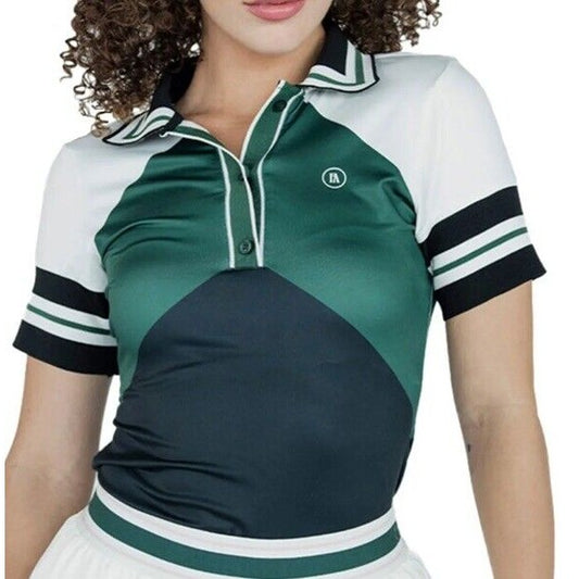 $120 Fore All Women's Betty Golf V-Neck Polo Top-Green/White/Black - Large- NEW