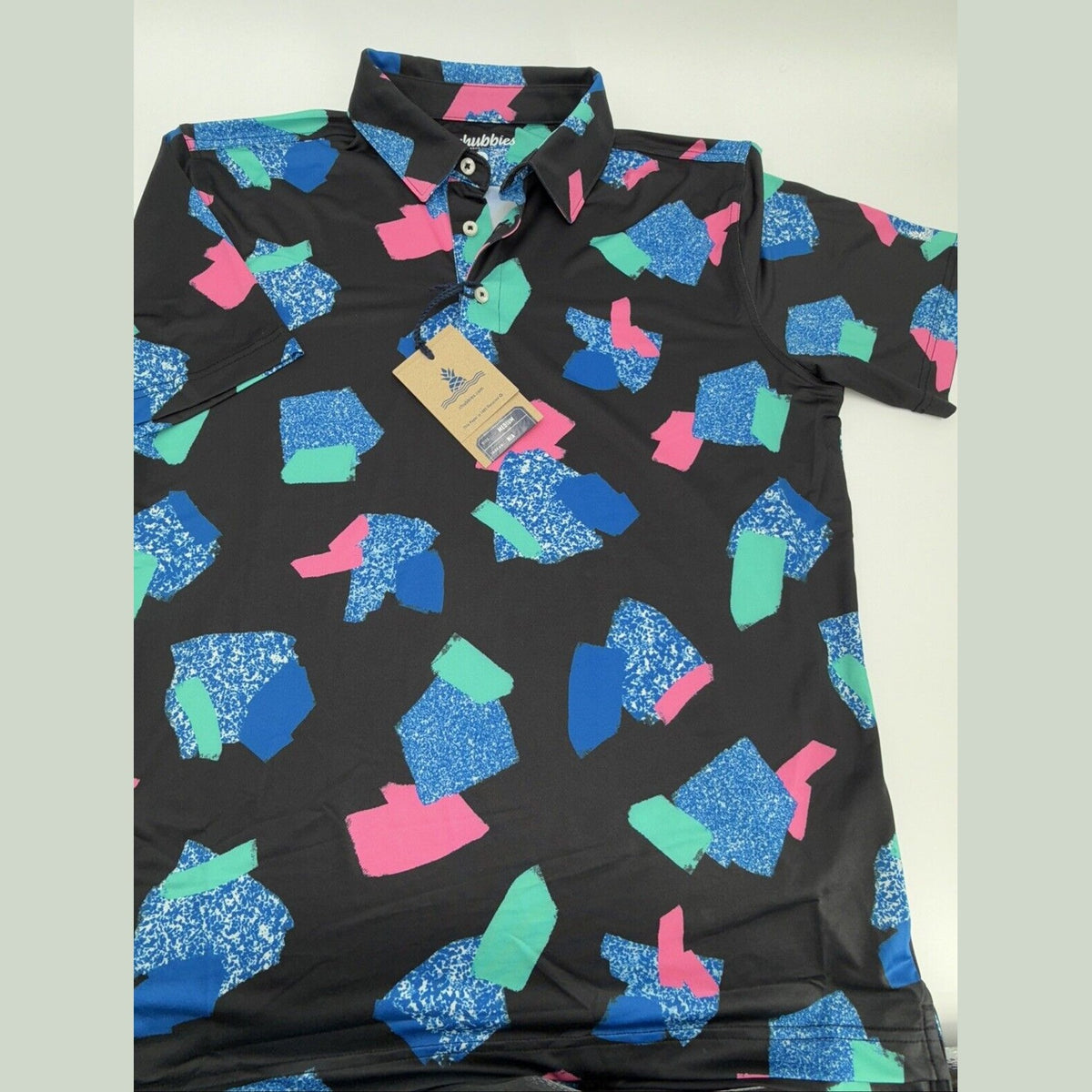 Chubbies Men's The Abs Tract  Performance Polo Shirt- Black Multi- Medium -New