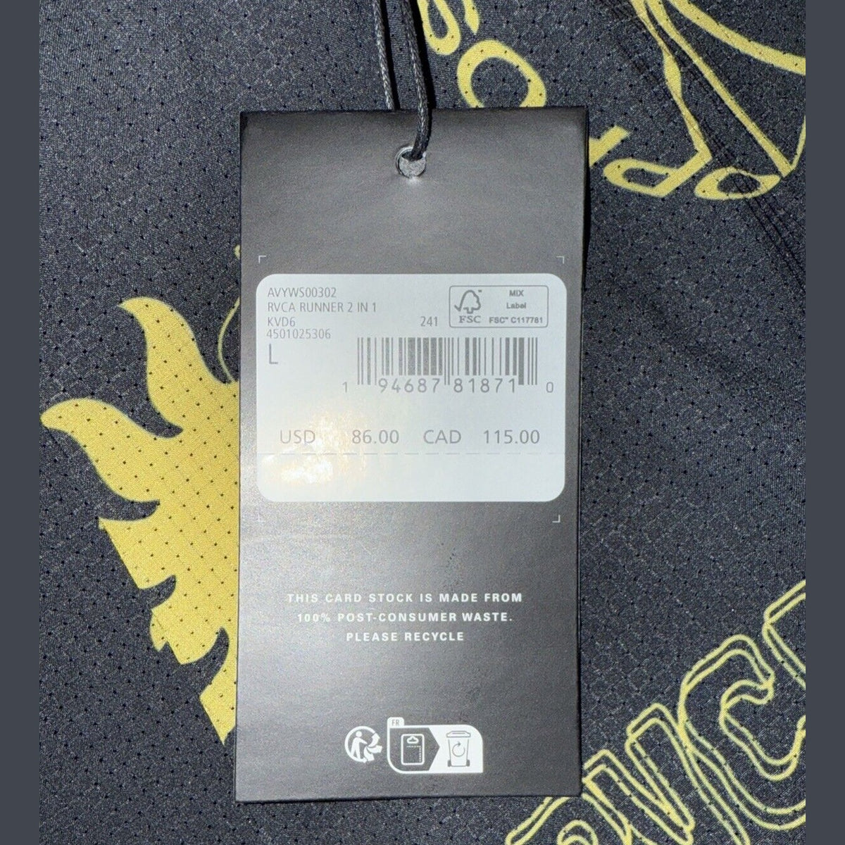 $86 Rvca Men's Active Performance 2 In 1 Runner  Shorts - Black/Gold- Large -New