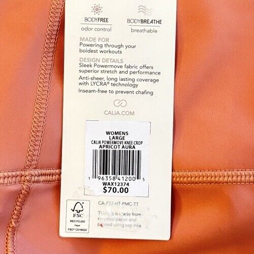 $70 CALIA  Women’s PowerMove High Rise Knee Crop Tights -Apricot Aura-Large-NWT