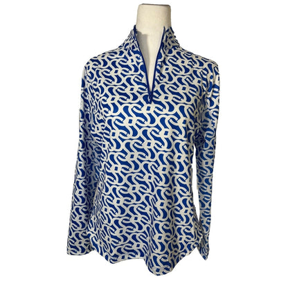 $95 X by GOTTEX GEO  Long Sleeve Mock Neck Shirt - Geo Blue/White-Medium-New