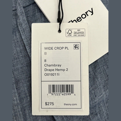 $275 Theory Women’s Wide Leg Cropped Chambray Drape Hemp Pants-Blue-Size: 8  New