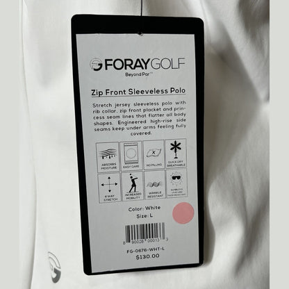Foray Golf Women’s Zip front sleeveless Polo Shirt-White- Large -NEW Tag $130