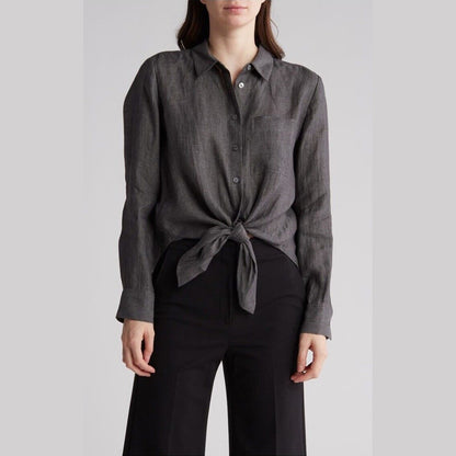 $375 Theory Women’s Hekanina Tie-Front Drape Hemp Shirt-Pewter-Medium-New Tag