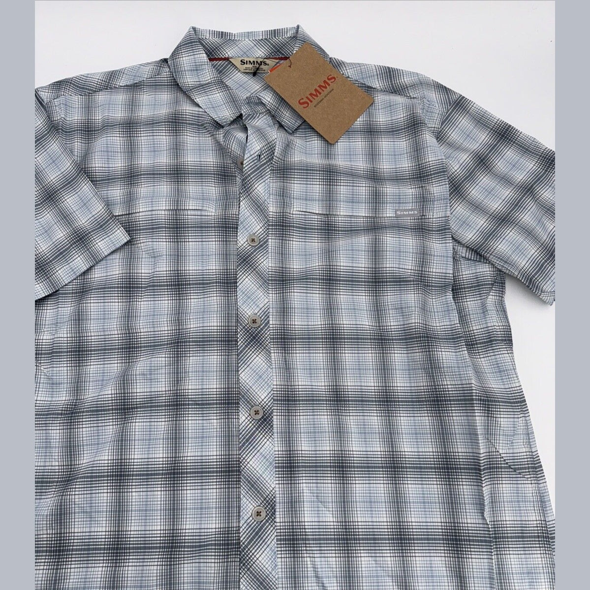 Simms Men's Stone Cold Short Sleeve Shirt - Steel Blue Storm Ombre Plaid-Medium