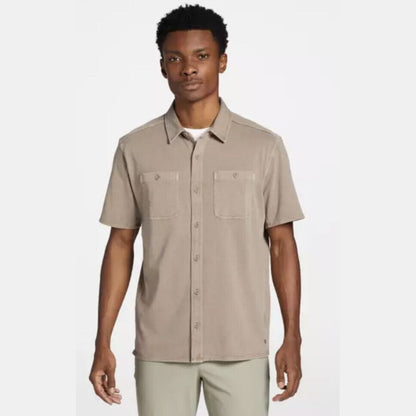 VRST Men's Garment Dye SS Short Sleeve Button Down Shirt- Mushroom-Small-New Tag