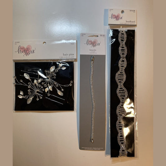 Combo Lot 3 PCs Studio His & Hers WEDDING Set: Hair Pins - Headband - Bracelet