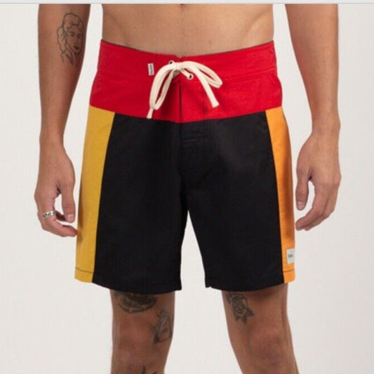 $69 Rhythm Men’s Heritage Block Swim Trunk- Black/Red/Multi- Size: 34W Brand New