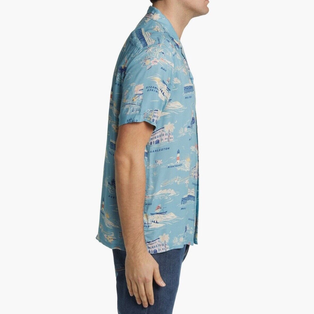 $158 Faherty Men’s Kona Short Sleeve Camp Shirt Tour Print Button-Blue-Medium