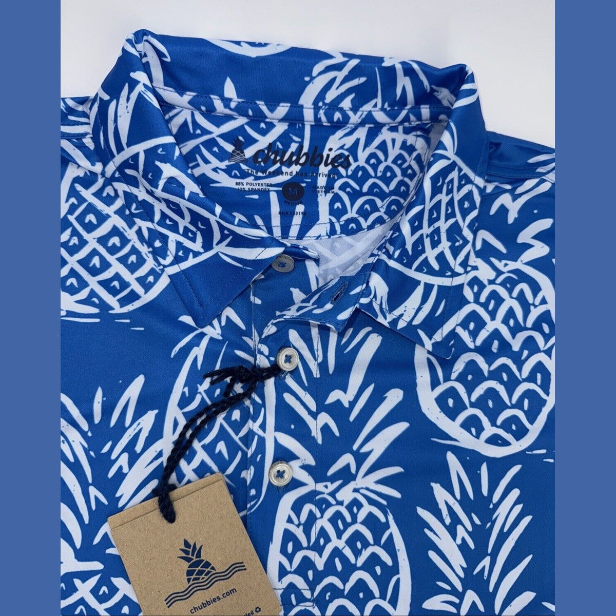 Chubbies Men's The Thigh Napple Performance Polo Shirt-Blue Pineapple-Medium-New
