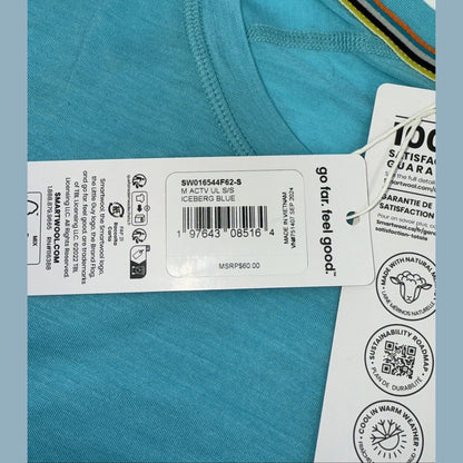 $60 Smartwool Men’s Active Ultralite Short Sleeve Shirt- Iceberg Blue-Small -New