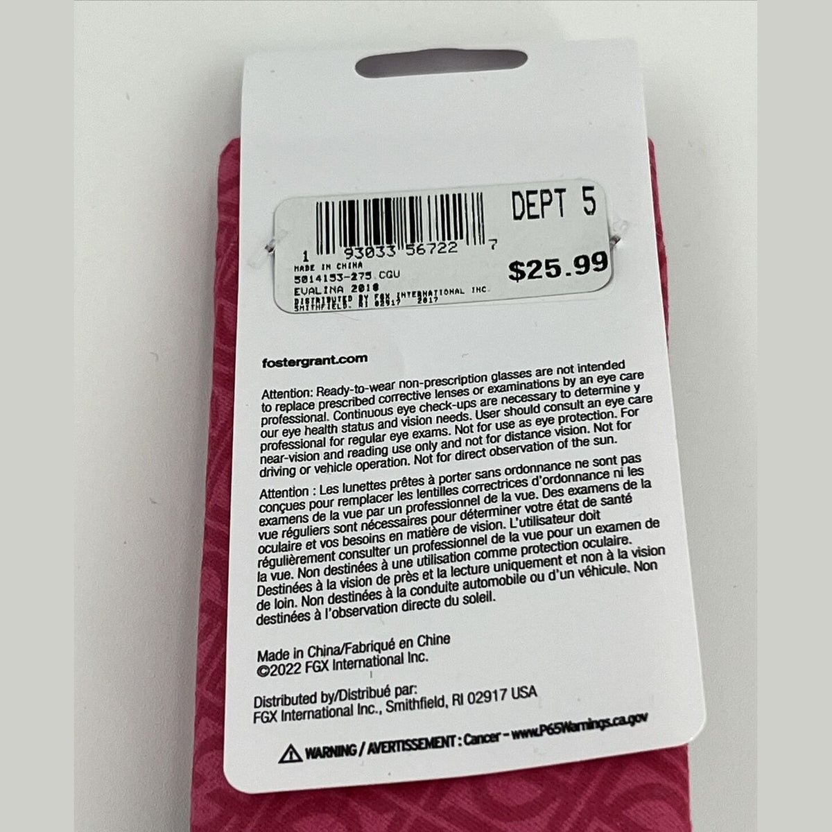 FOSTER GRANT Parissa Unisex Fashion Maroon Reading Glasses +2.75 Retail $25.99