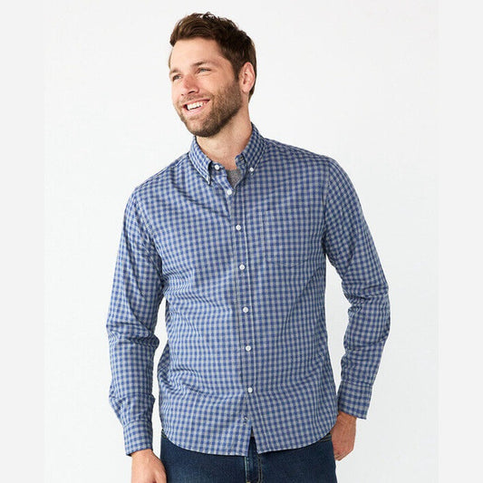 Sonoma Men's Standard Fit Dress Shirt Plaid Long Sleeve-Gray Blue-Small-New $40
