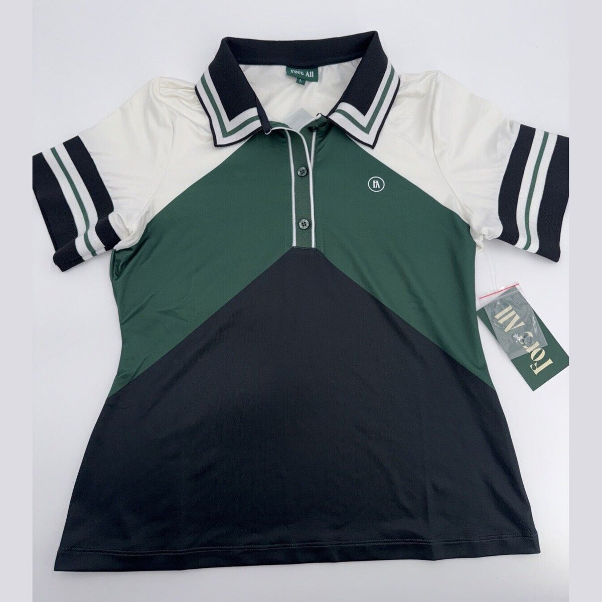 $120 Fore All Women's Betty Golf V-Neck Polo Top-Green/White/Black - Large- NEW