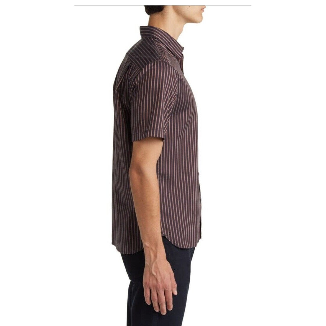$225 VINCE Men's Claremont Stripe Short Sleeve Button Shirt-Black/Burgnd-Medium