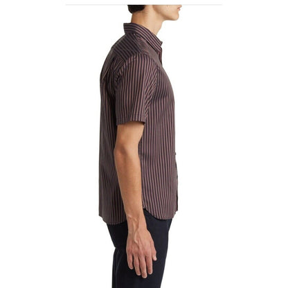 $225 VINCE Men's Claremont Stripe Short Sleeve Button Shirt-Black/Burgnd-Medium