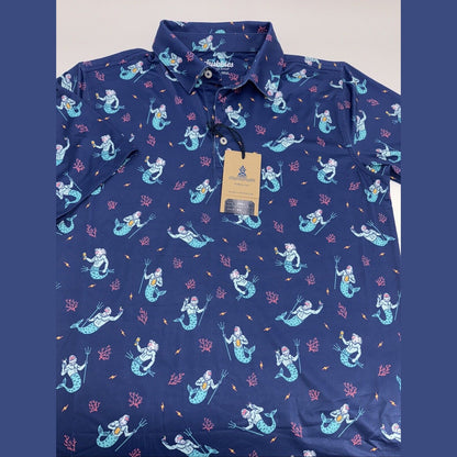 $60 Chubbies Men's The Triton Sea Performance Polo Shirt-Blue-Medium-New Tag