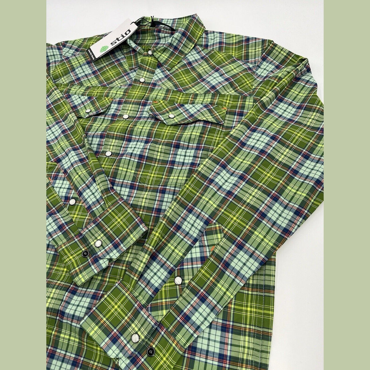 $120 Stio Men’s Eddy Shirt Long Sleeve Pearl Snap-Fresh Lichen Plaid -Small-New