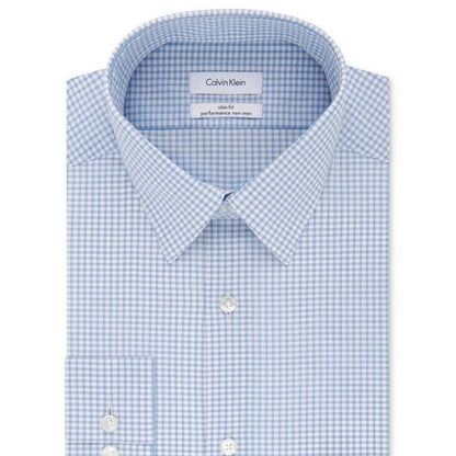 Calvin Klein Men’s Slim Fit Performance Blue Check- Dress Shirt- 15-15 ½ - Med