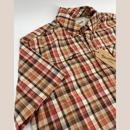 $74 Duck Camp Men’s Fishing Shirt Copper River Plaid Caped Vented Fish- Medium